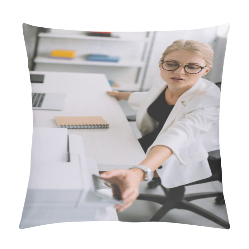 Personality  Young Businesswoman Using Printer While Sitting At Workplace With Laptop In Office Pillow Covers