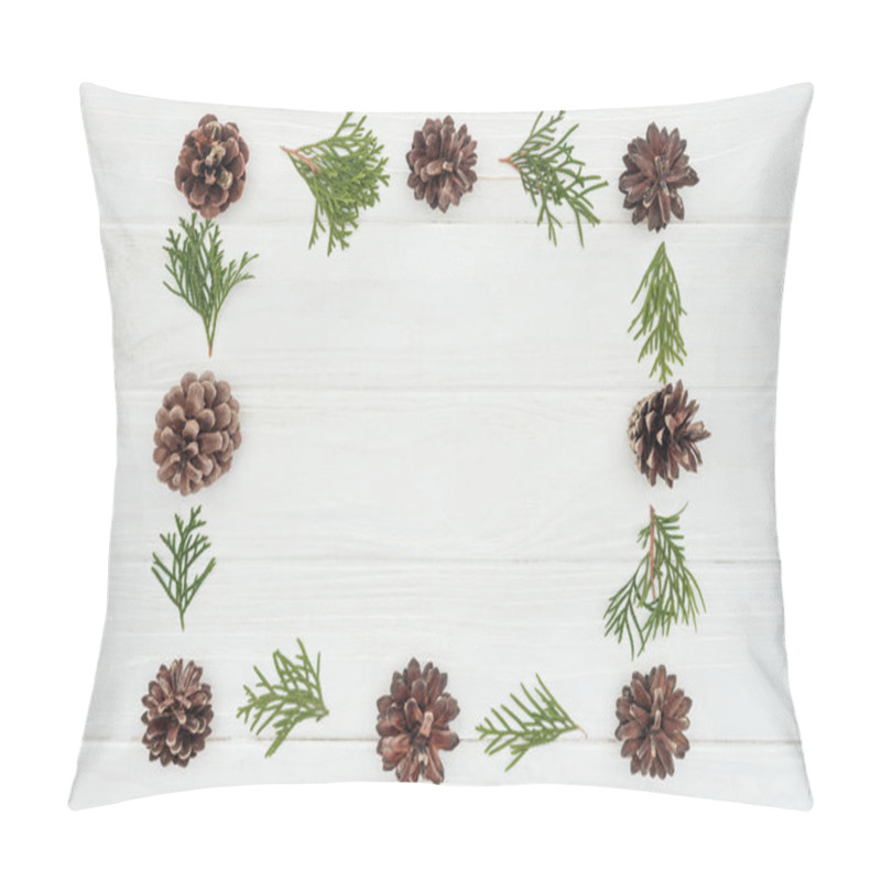 Personality  Beautiful Frame Made Of Evergreen Coniferous Twigs And Pine Cones On White Wooden Background    Pillow Covers