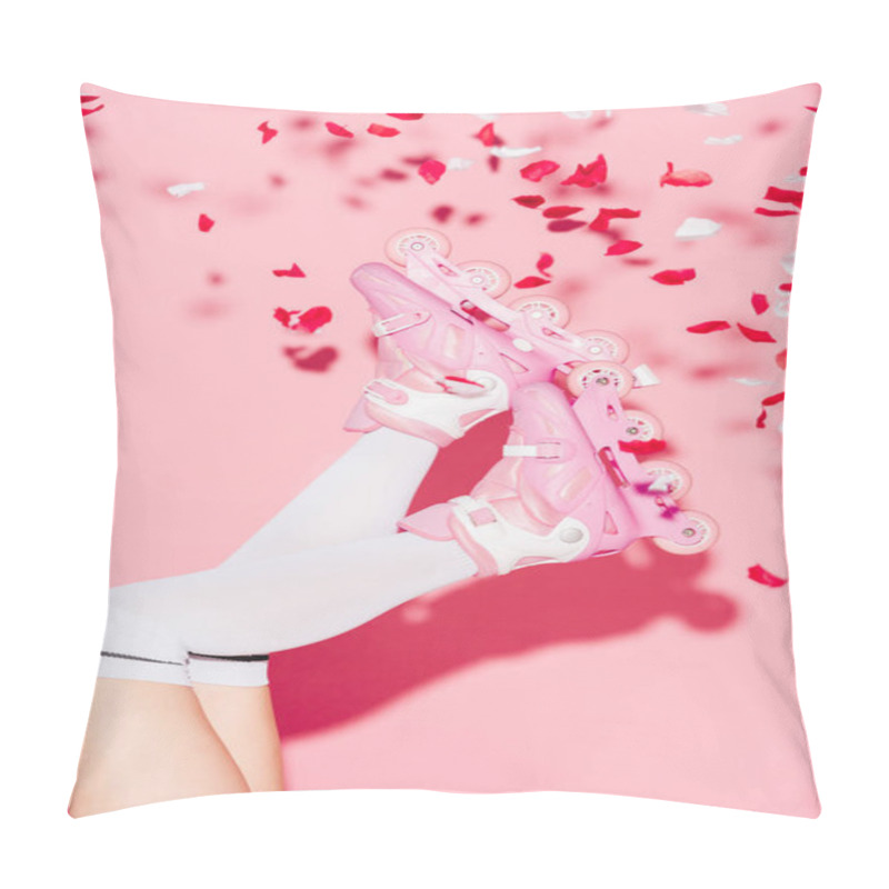 Personality  Cropped View Of Girl Wearing Long Socks And Roller-skates Near Rose Petals On Pink Pillow Covers