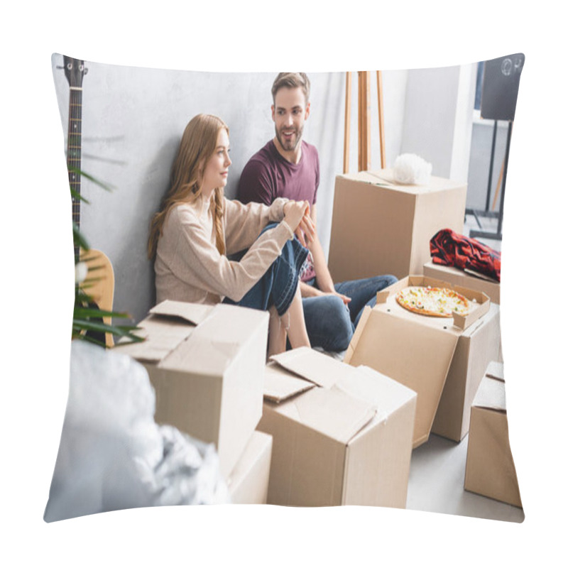 Personality  Selective Focus Of Man Looking At Girlfriend Near Carton Boxes And Pizza, Moving Concept Pillow Covers