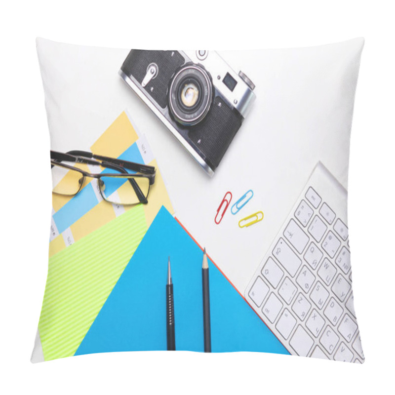 Personality  Top View Of Office Graphic Design Pen Mouse With Laptop Wireless Mouse And Vintage Old Camera On White Table. Concept Graphic Design Workplace Pillow Covers