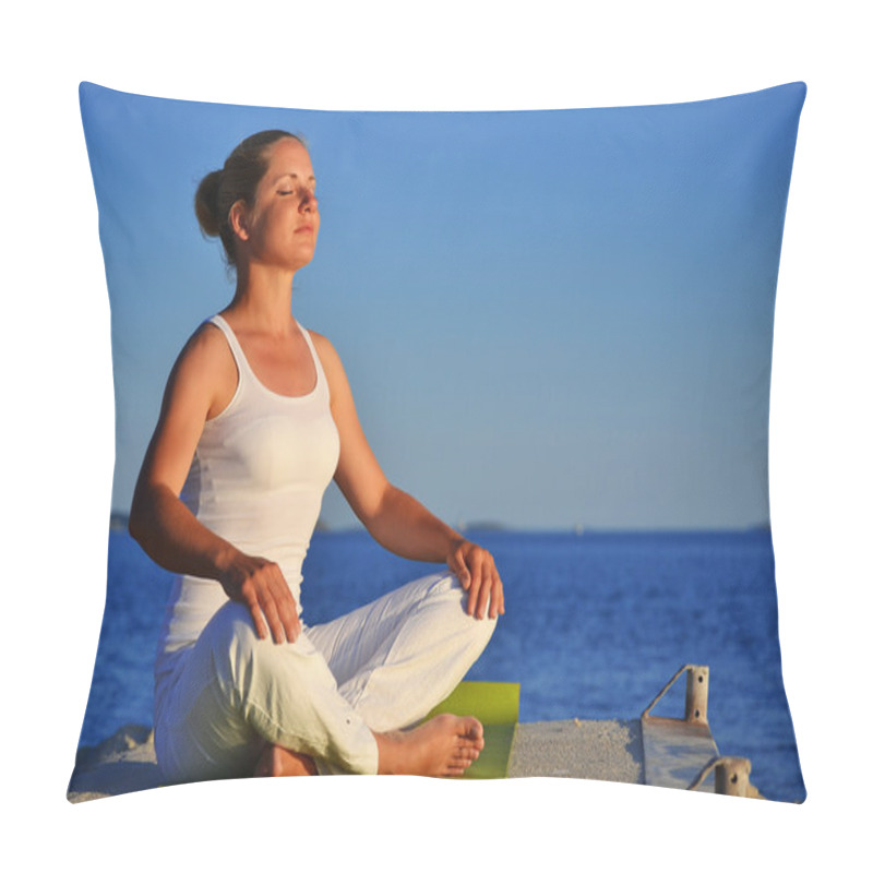 Personality  Young Woman During Yoga Meditation On The Beach Pillow Covers