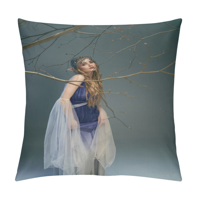 Personality  A Young Woman In A Blue Dress Stands Gracefully Next To A Tree In A Fairy And Fantasy-themed Setting. Pillow Covers