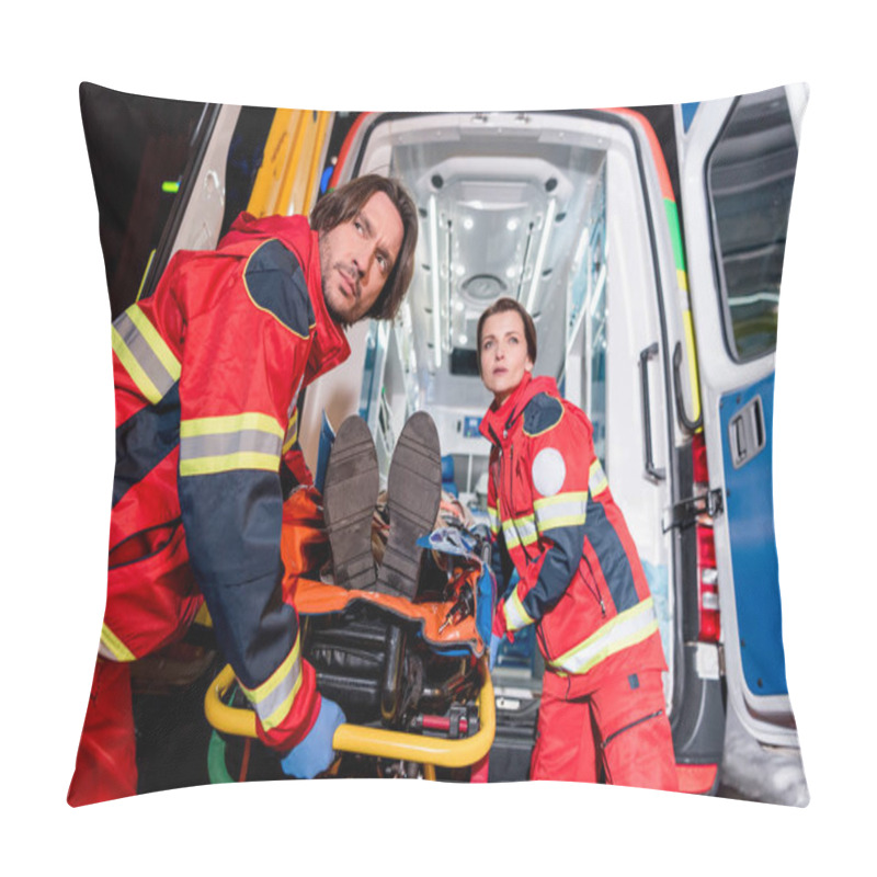 Personality  Serious Paramedics Transportating Patient In Ambulance Car Pillow Covers