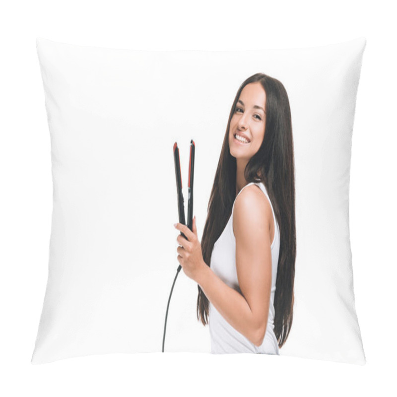 Personality  Smiling Brunette Beautiful Woman With Long Shiny Hair Holding Flat Iron Isolated On White Pillow Covers