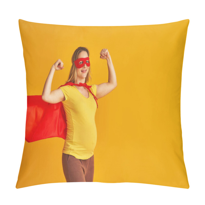 Personality  Attractive Smiling Pregnant Woman In Superhero Costume, Wearing Red Mask And Cape, Showing Her Strength, Muscles, Stands On Yellow Background. Concept Superpowers Girl, Feminism, Desire To Win Pillow Covers