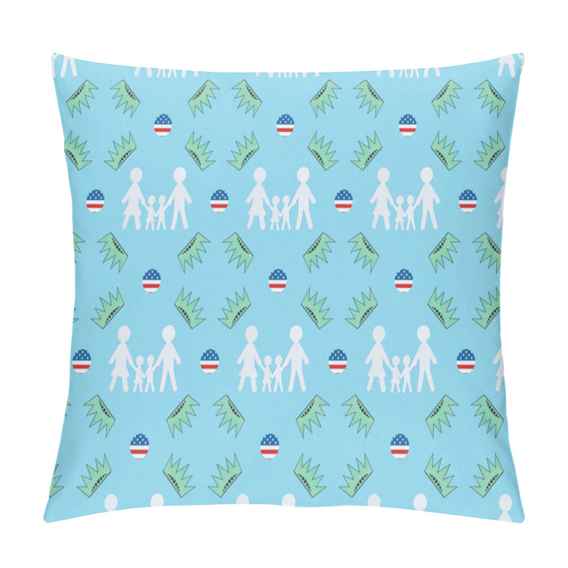 Personality  Seamless Background Pattern With White Paper Cut Families, Circles Made Of American Flags And Crowns On Blue, Independence Day Concept Pillow Covers