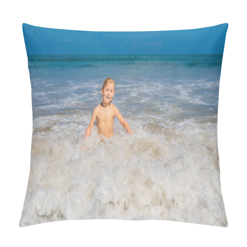 Personality  Little Boy Playing In Ocean Wave At Exotic Coastline. Pillow Covers