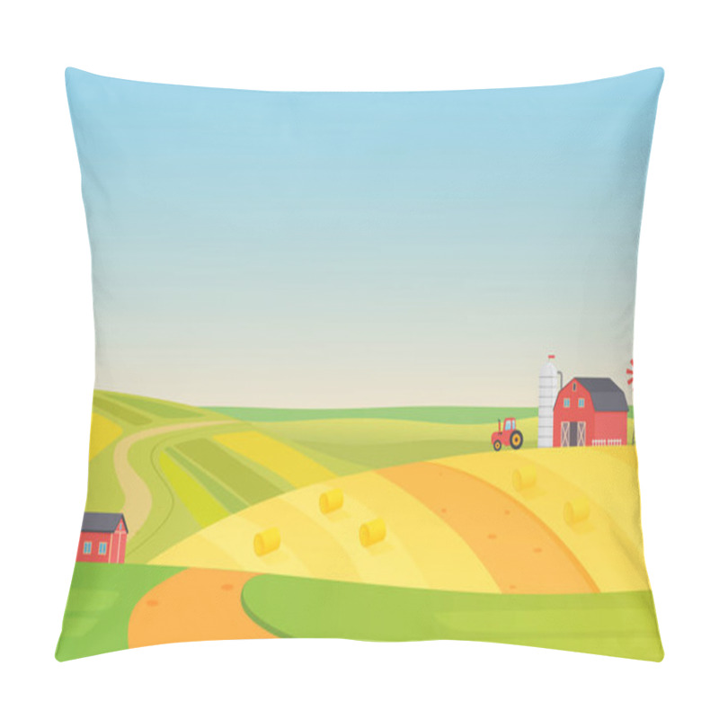 Personality  Autumn Sunny Eco Harvesting Farm Landscape With Agriculture Vehicles, Windmill, Silage Tower And Hay. Colorful Flat Vector Illustration. Pillow Covers