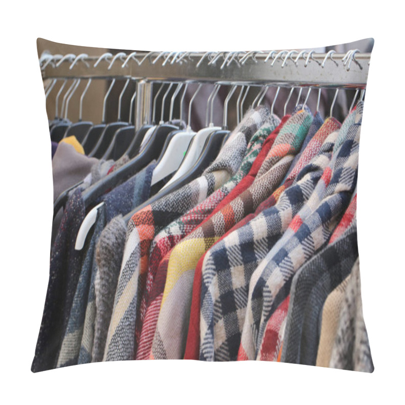 Personality  Used Clothes Used In The Coat Hangers Of A Flea Market Outdoor Pillow Covers