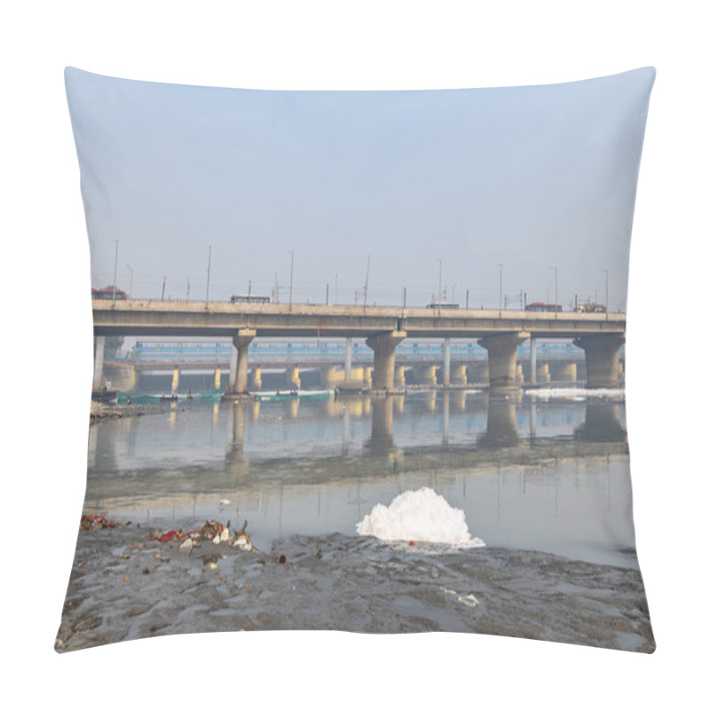 Personality  Road Bridge With Polluted River With Industrial And Domestic Effluents Toxic Foam At Morning Image Is Taken At Yamuna River Okhla Barrage Delhi India. Pillow Covers