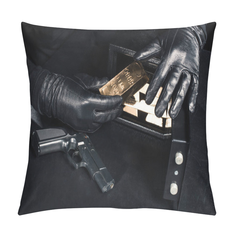 Personality  Close-up View Of Robber With Gun Taking Gold Bars From Safe Pillow Covers