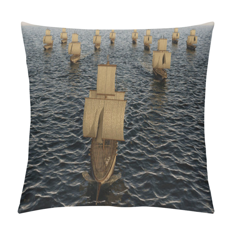 Personality  3D Illustration Of Old Wooden Warships Fleet On The Ocean Pillow Covers