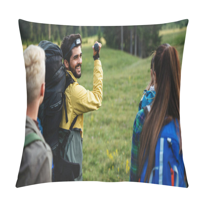 Personality  Group Of Happy Fit Young Friends Hiking, Trekking Together Outdoor Nature Pillow Covers