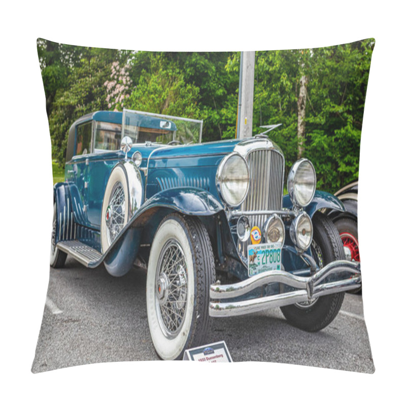 Personality  Highlands, NC - June 11, 2022: Low Perspective Front Corner View Of A 1933 Duesenberg J-427 Murphy Bodied Town Car At A Local Car Show. Pillow Covers