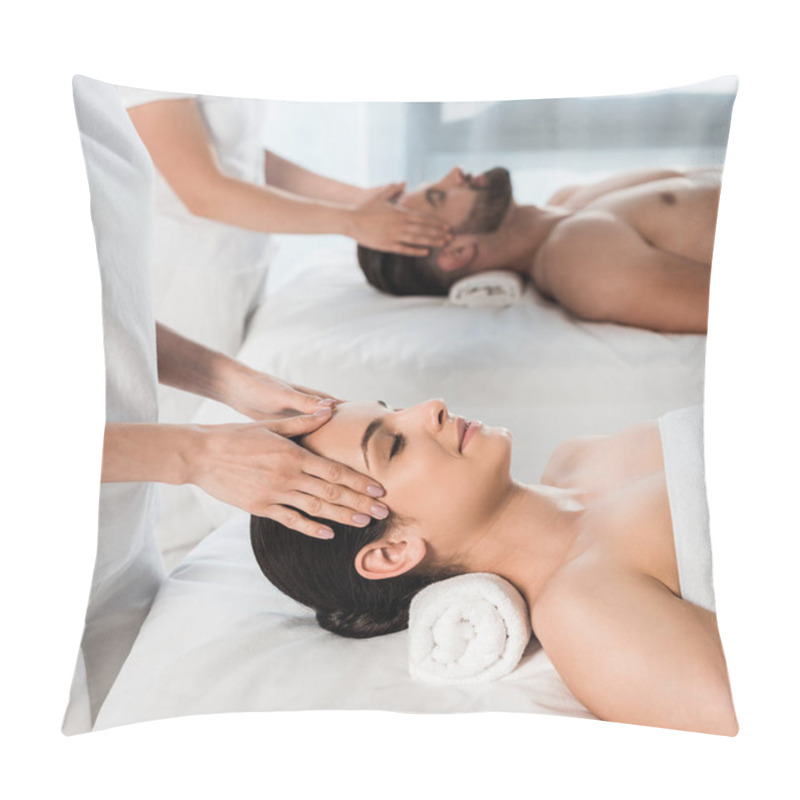 Personality  Cropped View Of Masseurs Doing Massage To Woman And Man In Spa Center  Pillow Covers