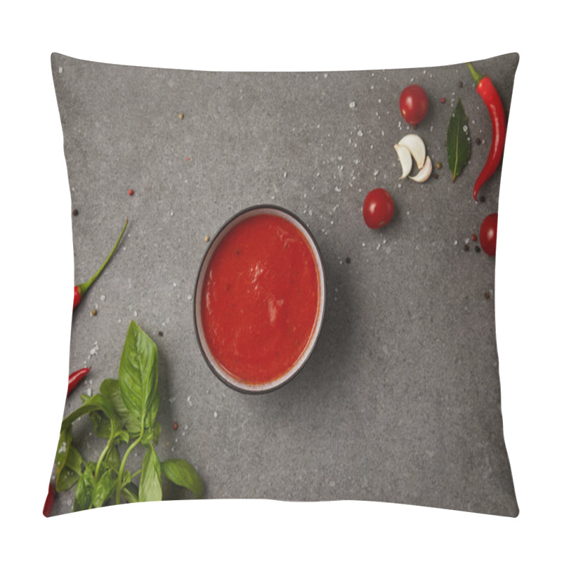 Personality  Top View Of Plate With Tomato Soup, Fresh Tomatoes, Garlic And Scattered Spices On Grey Table Pillow Covers