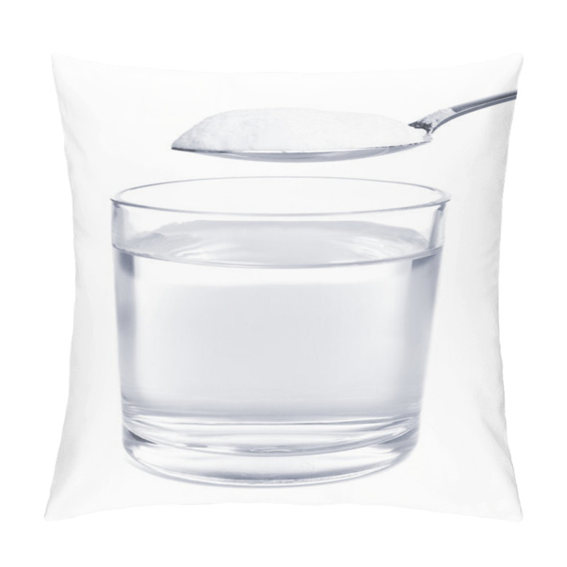 Personality  Spoon Of Baking Soda Over Glass Of Water, Isolated On White Pillow Covers