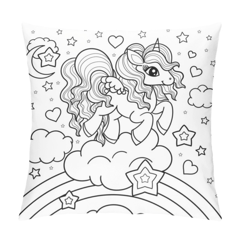 Personality  Cute Little Unicorn Walking On The Rainbow Doodle Art. Vector Pillow Covers