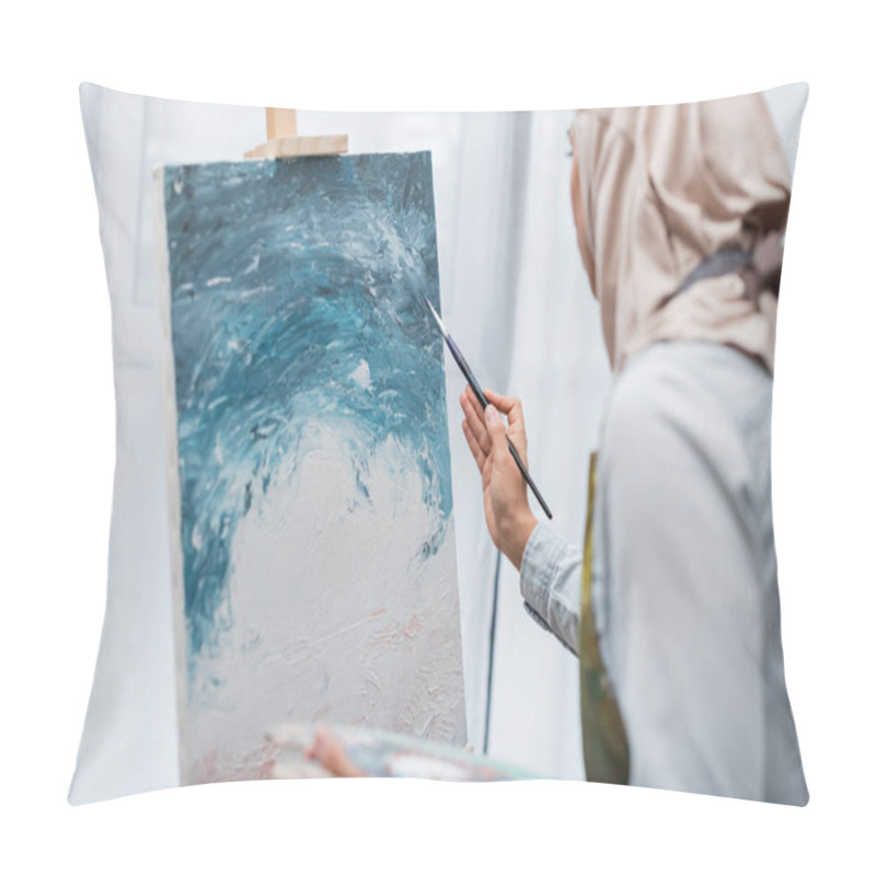 Personality  Blurred Muslim Woman Drawing Picture At Home Pillow Covers