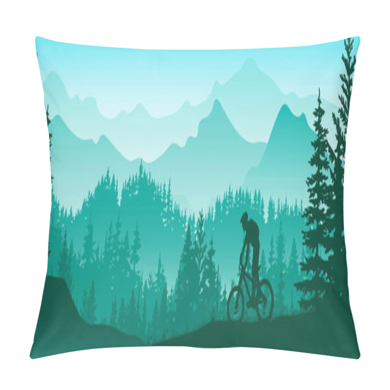 Personality  Silhouette Of Mountain Bike Rider In Wild Nature Landscape. Mountains, Forest In Background. Magical Misty Nature. Blue And Green Illustration.	 Pillow Covers