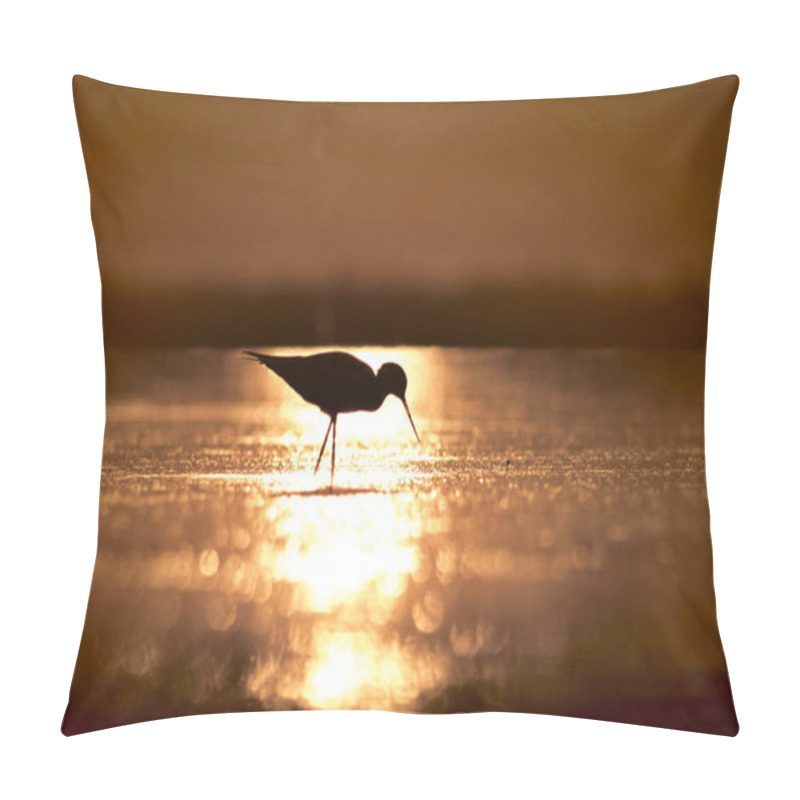 Personality  Sunset Nature And Bird. Sunset Nature Background. Common Water Bird: Black Winged Stilt. Himantopus Himantopus. Pillow Covers