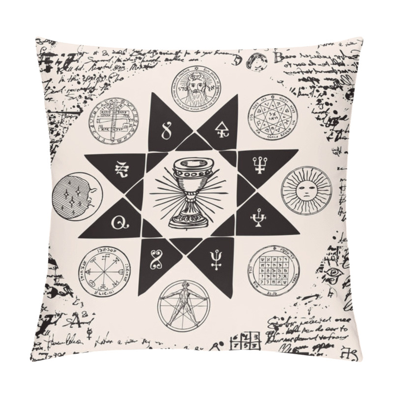 Personality  Vector Banner On The Theme Of Mysticism, Magic, Religion And The Occultism. Hand Drawn Illustration Of A Grail And Other Esoteric And Masonic Symbols On The Background Of An Old Illegible Manuscript Pillow Covers