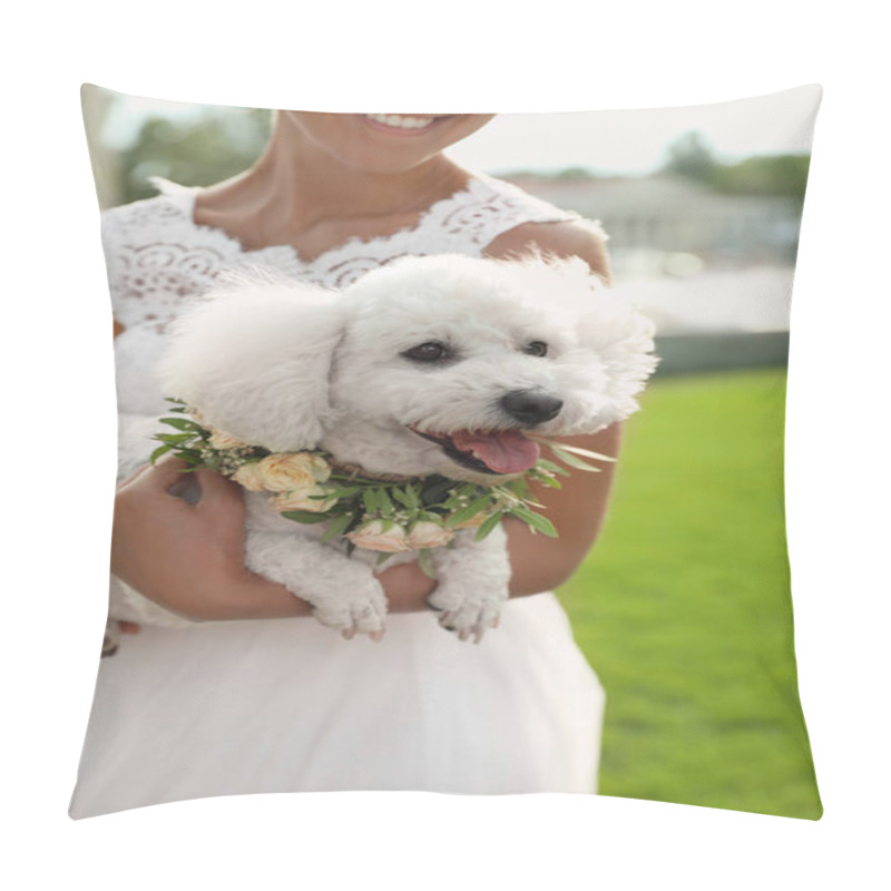 Personality  Bride And Adorable Bichon Wearing Wreath Made Of Beautiful Flowers Outdoors, Closeup Pillow Covers