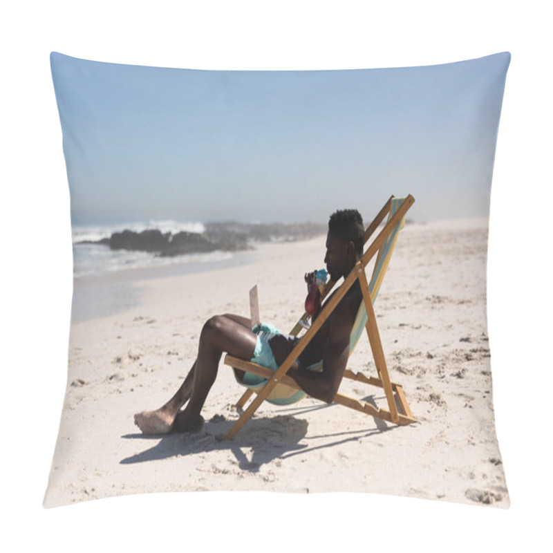 Personality  African American Man Enjoying Free Time On Beach On A Sunny Day, Drinking, Sitting In A Deck Chair, Using His Laptop. Pillow Covers