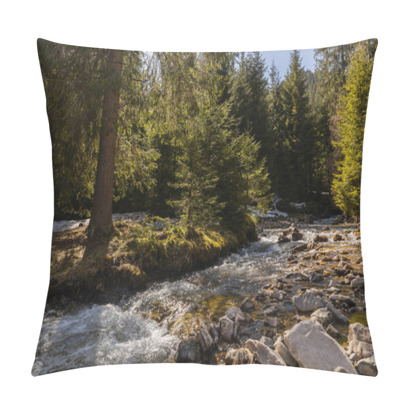 Personality  Evergreen Forest On Shore Near Mountain River  Pillow Covers