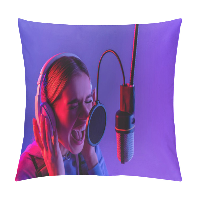 Personality  Woman In Wireless Headphones Recording Song While Singing In Microphone On Purple  Pillow Covers