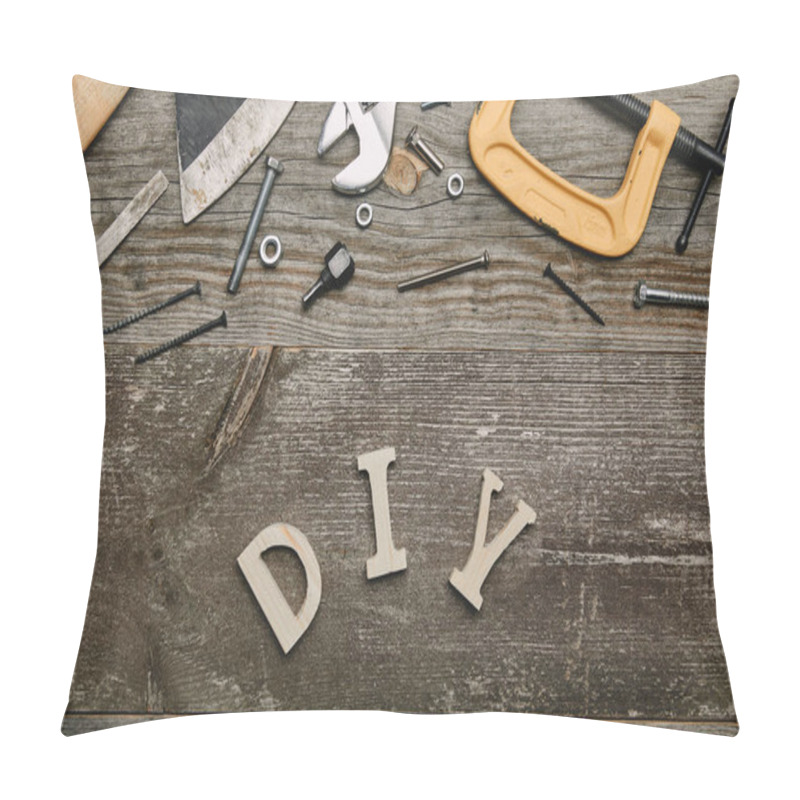 Personality  Top View Of Different Carpentry Tools And Diy Sign On Wooden Background Pillow Covers