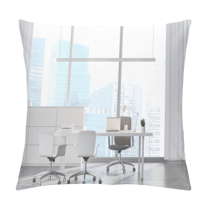 Personality  Interior Of Panoramic CEO Office With White Walls, Concrete Floor, White Computer Table With Chairs For Visitors And Window With Blurry Cityscape. 3d Rendering Pillow Covers