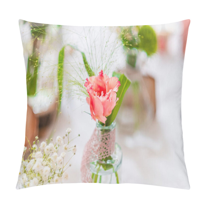 Personality  Pink Carnation Displayed In A Glass Vase Complemented By Green Leaves And Intricate Floral Decorations, Offering A Lovely And Vibrant Ambiance. Pillow Covers