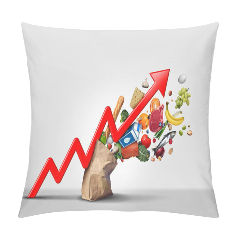 Personality  Rising Food Cost And Grocery Prices Surging Costs Of Supermarket Groceries As An Inflation Financial Crisis Concept Coming Out Of A Paper Bag Shaped Hit By A A Finance Graph Arrow With 3D Render Elements. Pillow Covers