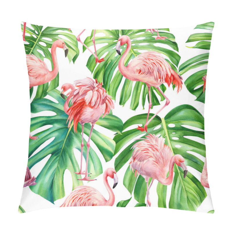 Personality  Watercolor Tropical Seamless Pattern With Pink Flamingo And Palm Leaves, Monstera Leaf. Jungle Design Pillow Covers