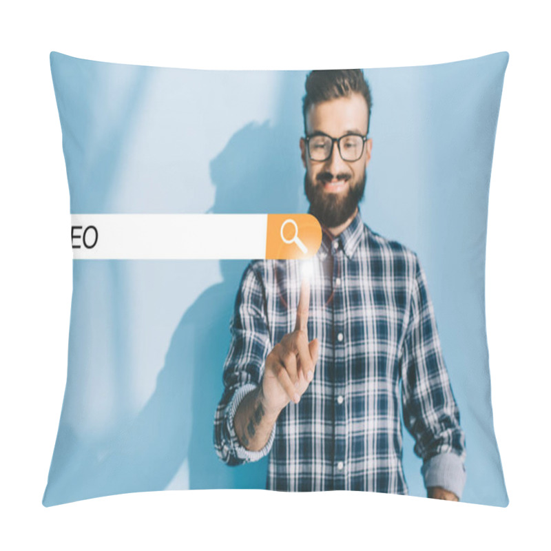 Personality  Successful Developer In Checkered Shirt Pointing At SEO Search Bar Pillow Covers