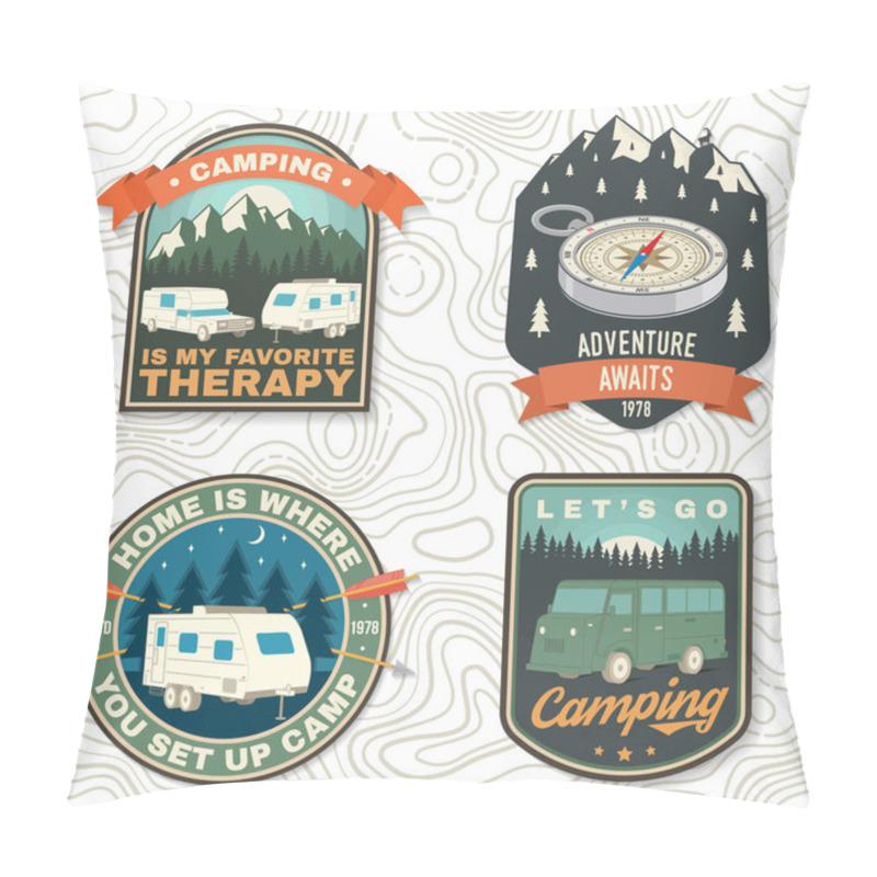 Personality  Set Of Rv Camping Badges, Patches. Vector. Concept For Shirt Or Logo, Print, Stamp Or Tee. Vintage Typography Design With RV Motorhome, Camping Trailer And Off-road Car Silhouette. Pillow Covers