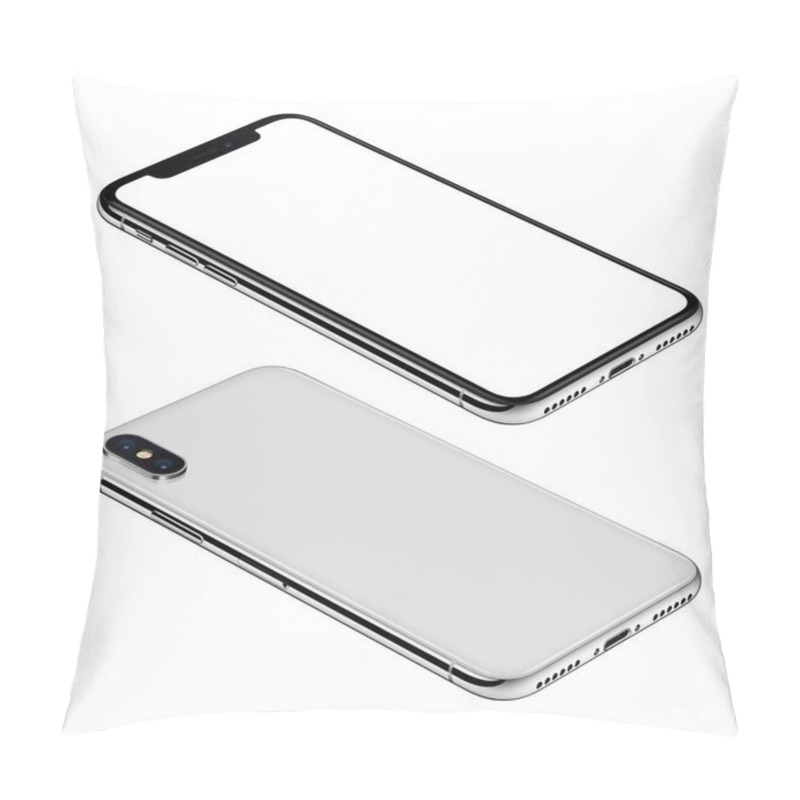 Personality  White Smartphone Similar To IPhone X Mockup Front And Back Sides Isometric View CCW Rotated Lies On Surface Pillow Covers