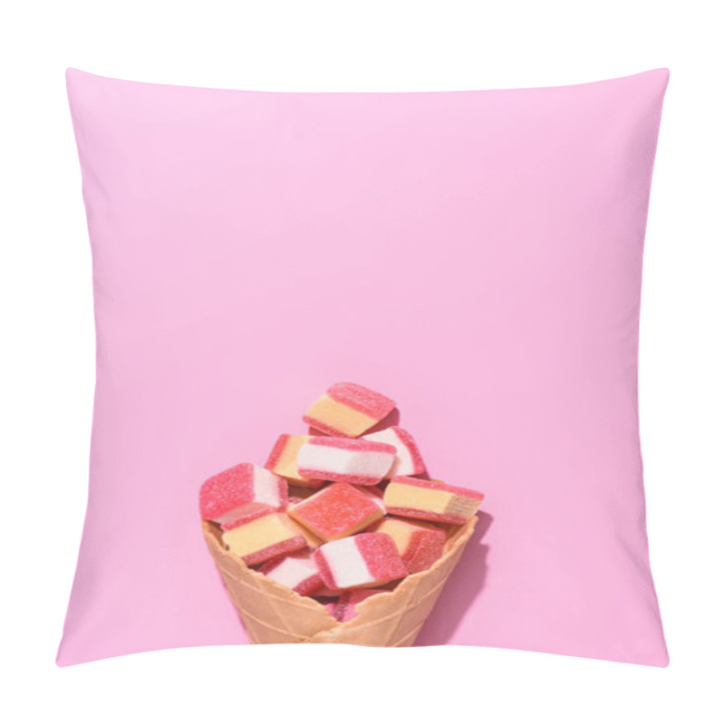 Personality  Top View Of Sweet Gummy Candies In Waffle Cone On Pink Pillow Covers