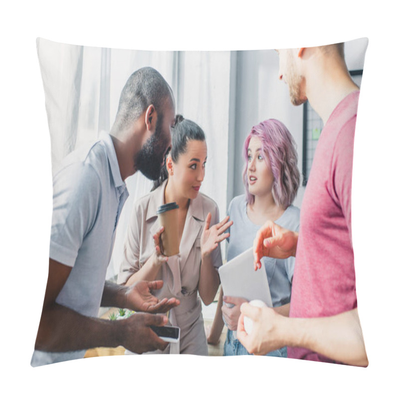 Personality  Selective Focus Of Multicultural Business People Looking At Colleague With Digital Tablet In Office  Pillow Covers