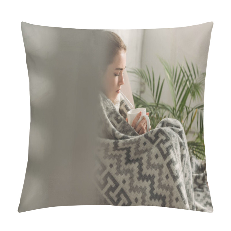 Personality  Selective Focus Of Ill Girl Covered With Blanket And Holding Cup Of Warming Drink Pillow Covers