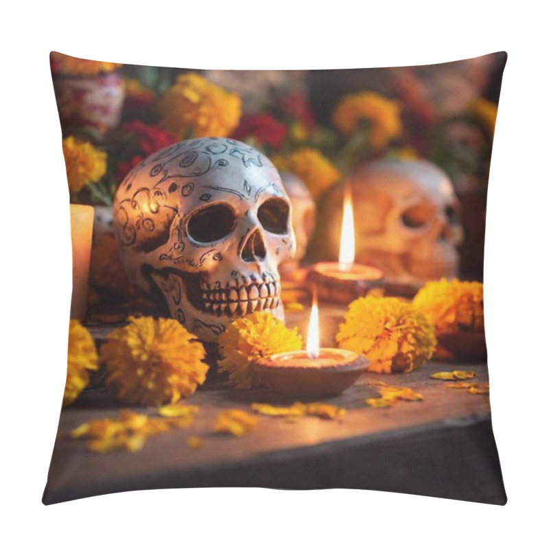 Personality  Extreme Close Up A Dia De Los Muertos Altar Glowing With Candlelight, Adorned With Photos, Sugar Skulls, And Offerings, All Surrounded By A Sea Of Marigold Flowers, Capturing The Warmth And Reverence Of The Celebration Pillow Covers