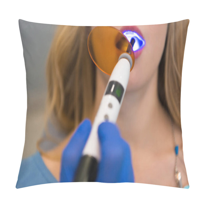 Personality  Cropped Shot Of Dentist With Dental Curing Light Working With Female Client Pillow Covers