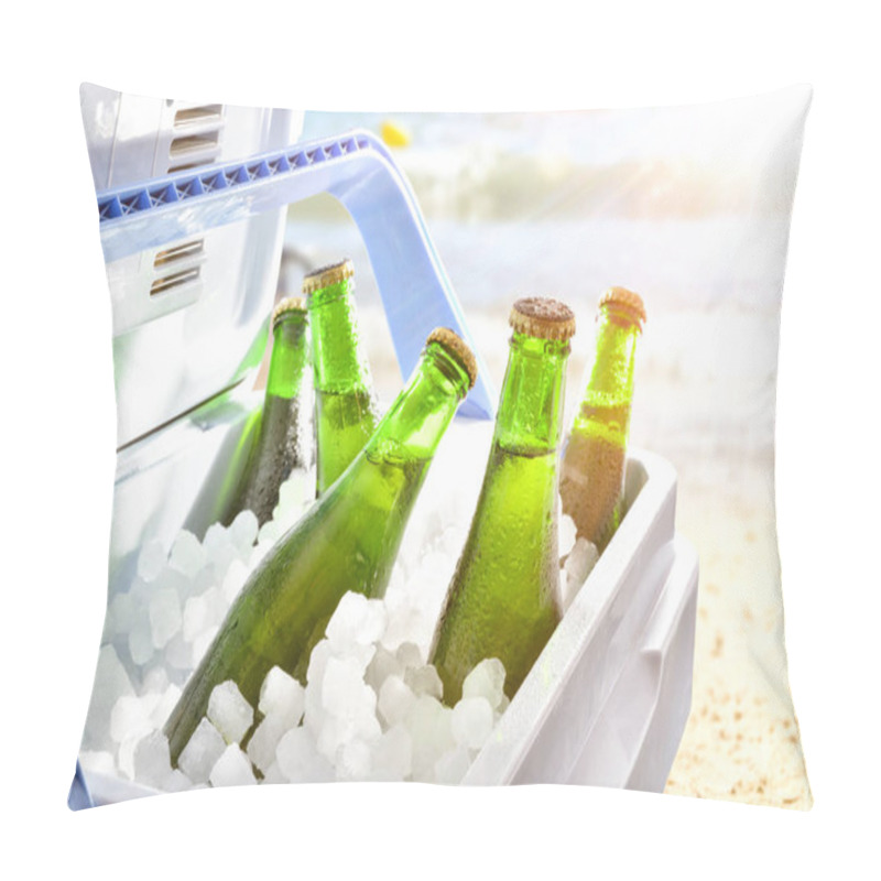 Personality  Bottles Of Beer Chilled On Ice In A Camping Fridge On A Beach On A Hot Day With Sunshine. Pillow Covers