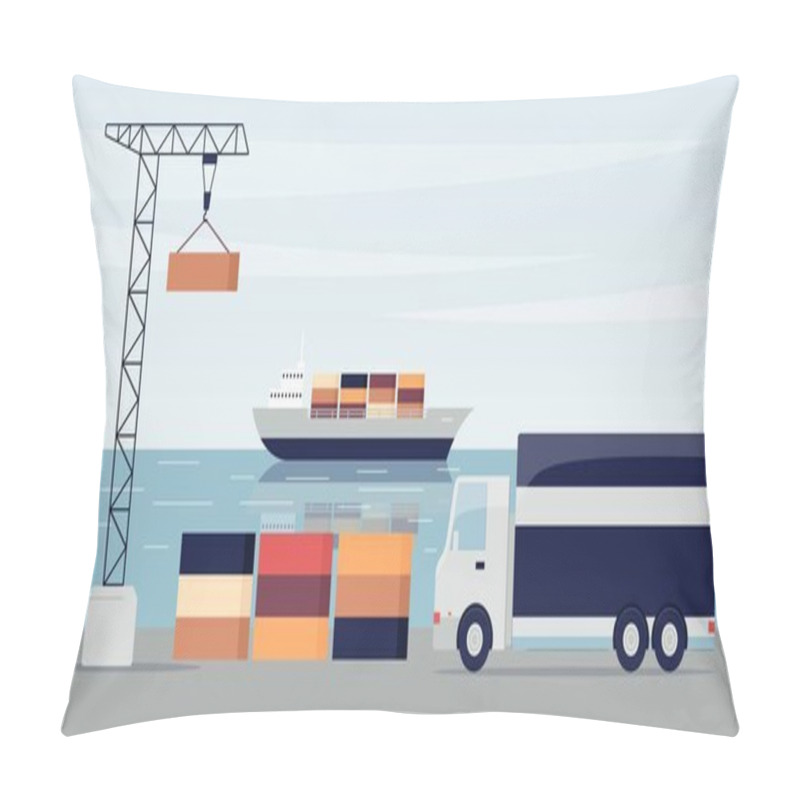 Personality  Ship Port With Cargo Containers And Loading Dock Crane And Truck Pillow Covers