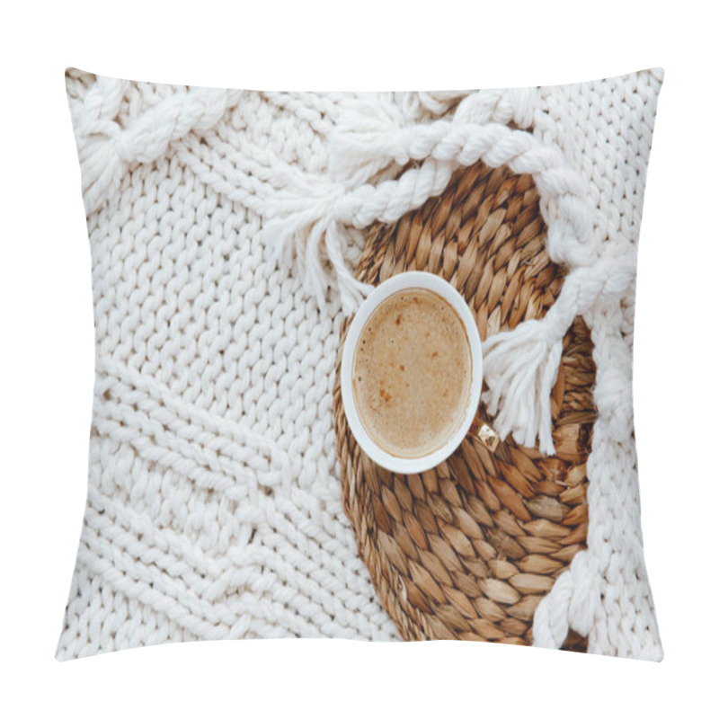 Personality  Flat Lay Cup Of Coffee, Plaid Blanket On Rattan Straw. Morning Breakfast. Minimal Modern Interior Design Concept. Still Life Concept Pillow Covers