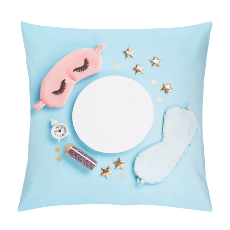 Personality  World Sleep Day Observed On March. Quality Of Sleep, Good Night, Insomnia, Relaxation Concept. Sleeping Masks, Golden Stars And White Alarm Clock On Blue Background. Flat Lay, Top View Pillow Covers