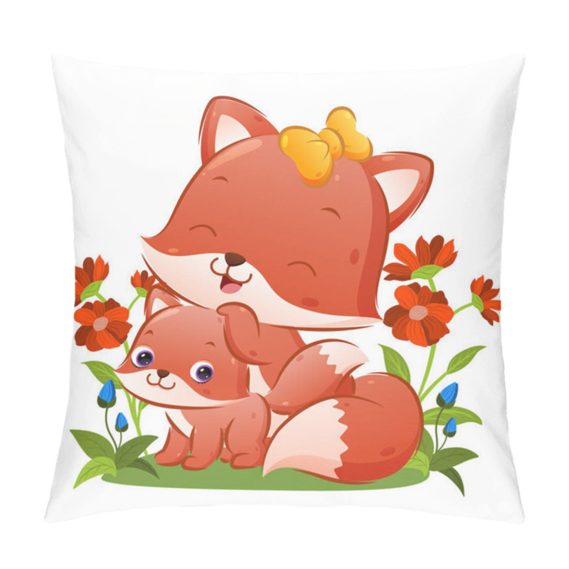 Personality  The Big Fox With The Beautiful Ribbon Is Posing With Her Baby Fox In The Garden Of Illustration Pillow Covers