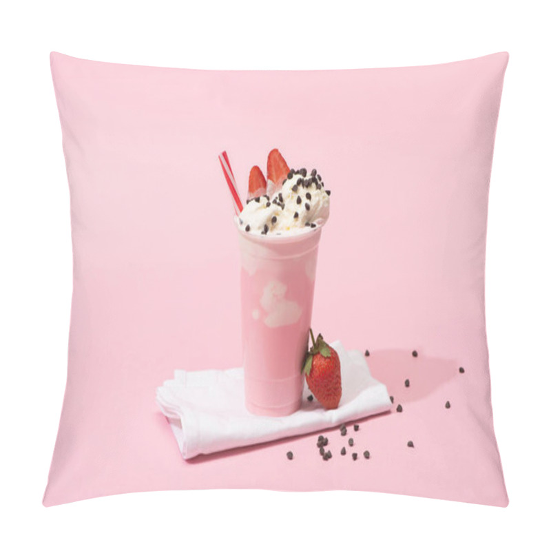 Personality  Disposable Cup Of Milkshake With Drinking Straw, Chocolate Chips And Strawberries On Napkins On Pink Background Pillow Covers